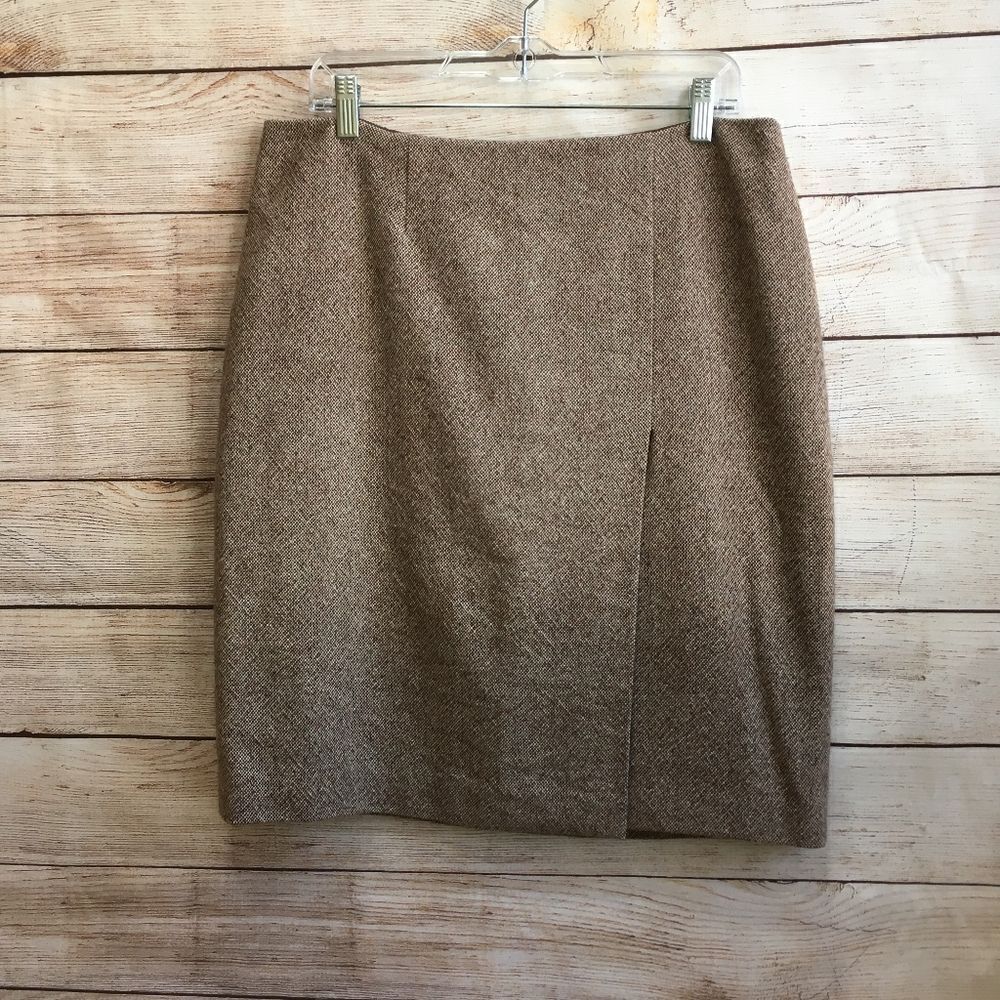 BROOKS BROTHERS‎ FAUX WRAP FRONT SKIRT IN WOOL BLEND BROWN TWEED